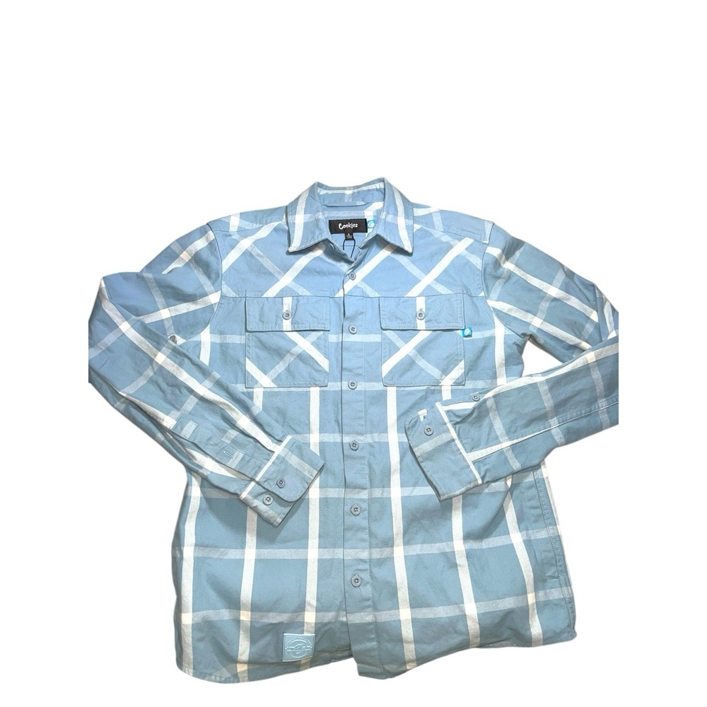 Cookies Button Up Men's Sz Small Blue and‎ White Plaid Long Sleeve With Pockets
